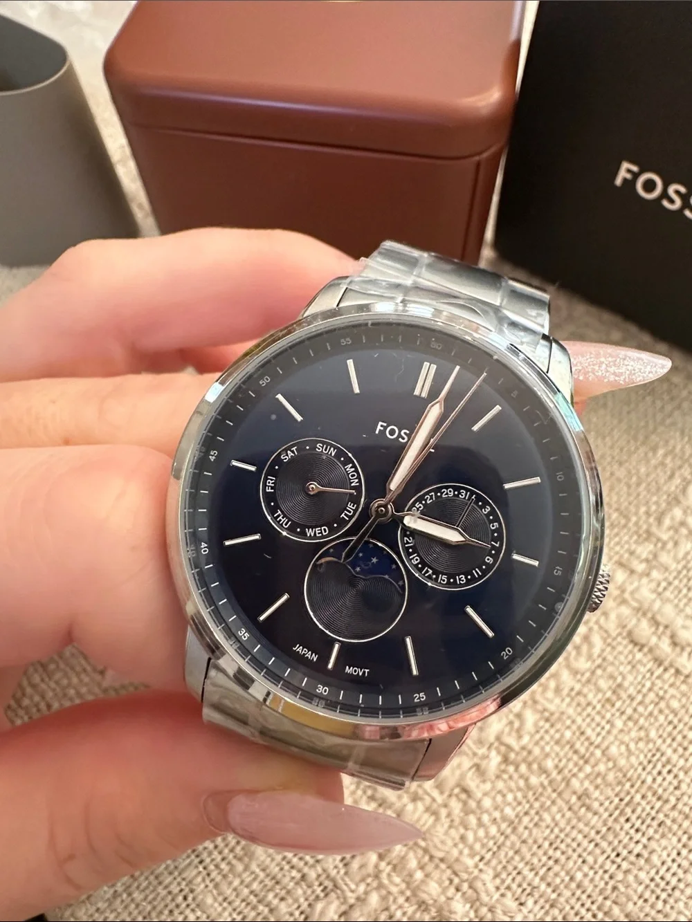 Fossil Silver Watch with Navy Dial and Moonphase